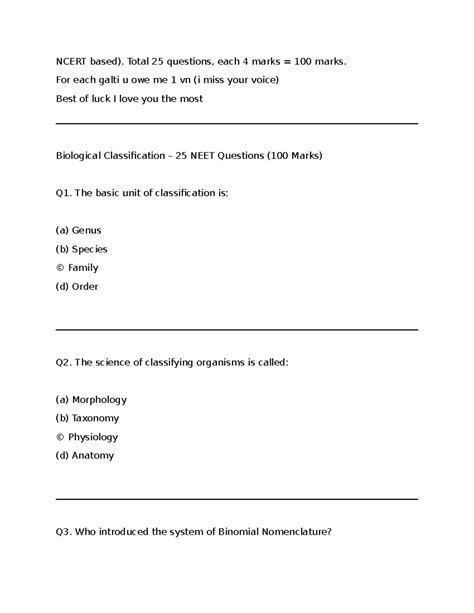 Biological Classification NEET Questions (100 Marks) - Studocu