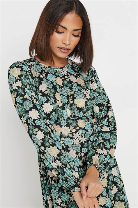 PixieGirl Petite Women's Green Floral Sleeved Midi Dress | PixieGirl