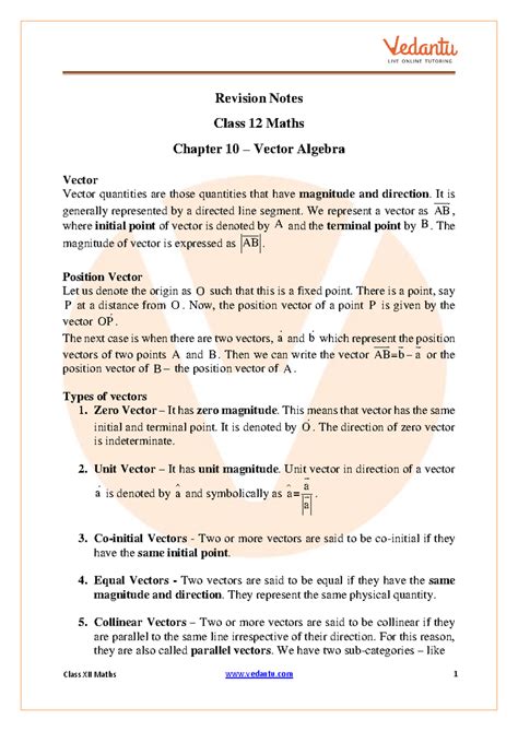 CBSE Class 12 Maths Revision Notes: Chapter 10 - Vector Algebra - Studocu