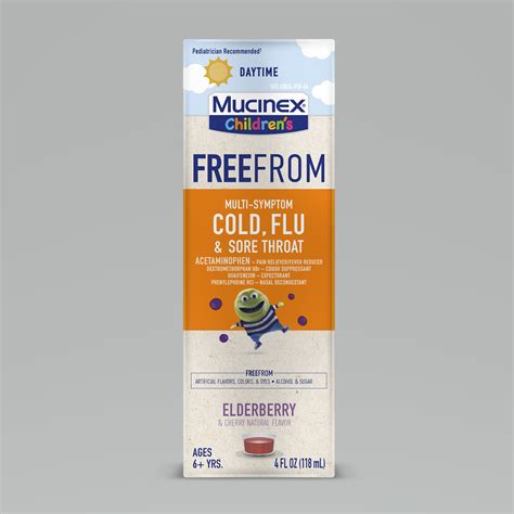 MUCINEX® Children's Liquid - Free From Multi-Symptom Cold, Flu & Sore Throat - Elderberry