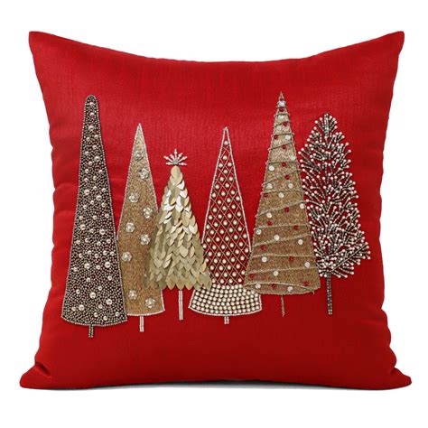 Red Christmas Pillow, Tree Embellished Pillow Cover, Merry Christmas
