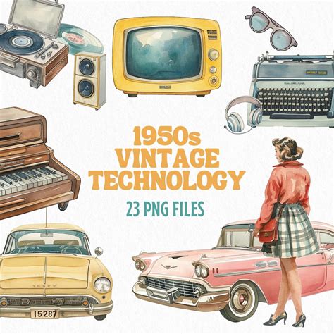 1950s Vintage Clipart, Retro Technology Watercolor Png, Vintage 50s 60s ...