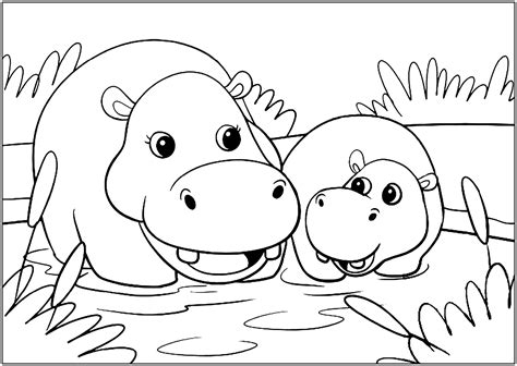 Mama and baby Hippopotamus - Hippopotamus Coloring Pages