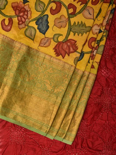 Yellow and Red Bandhani Kanchipuram Silk Handloom Saree with Kalamkari ...