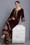 Buy Wine Silk, Velvet, Linen Zari, Sequins, Embroidery Zardozi Kurta ...