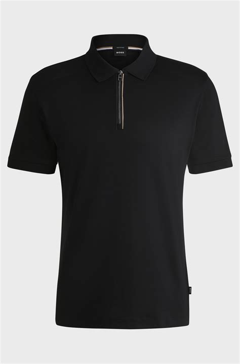BOSS - Mercerised-cotton slim-fit polo shirt with zip placket - Black