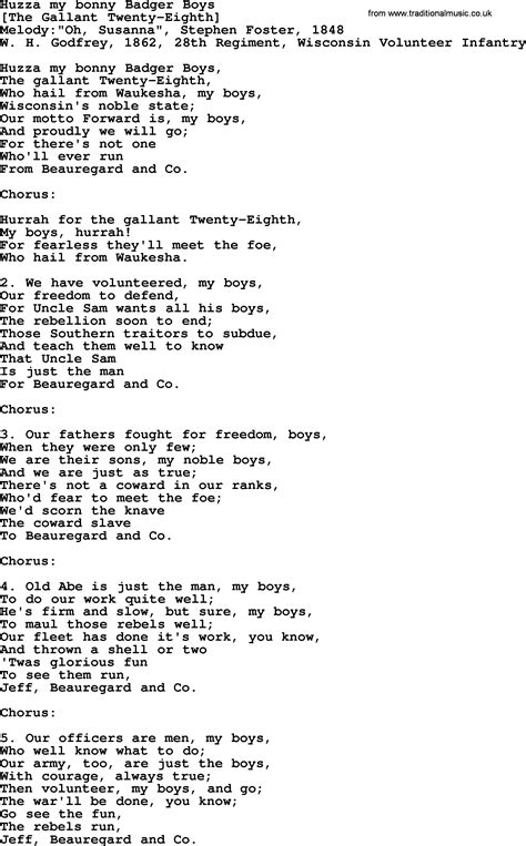 Old American Song - Lyrics for: Huzza My Bonny Badger Boys, with PDF