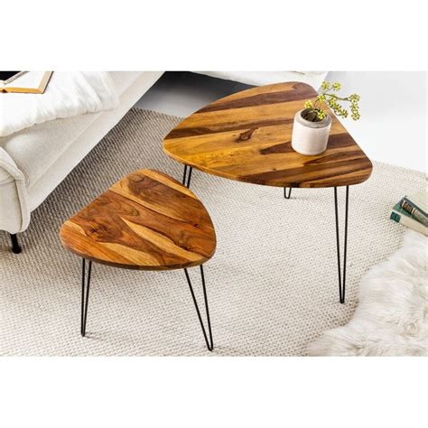 Sheesham Wood Oval Shape Nested Coffee Table with Hairpin Legs in Hone