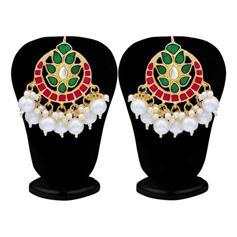 Sukkhi Glossy Kundan Gold Plated Pearl Meenakari Chandbali Earring For