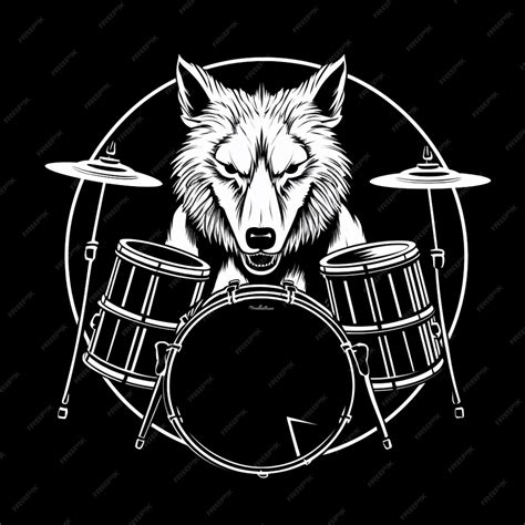 Premium AI Image | a black and white image of a wolf playing drums ...