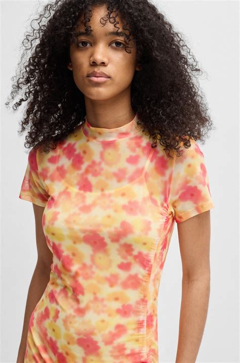 HUGO - Printed-mesh dress with gathered side - Patterned