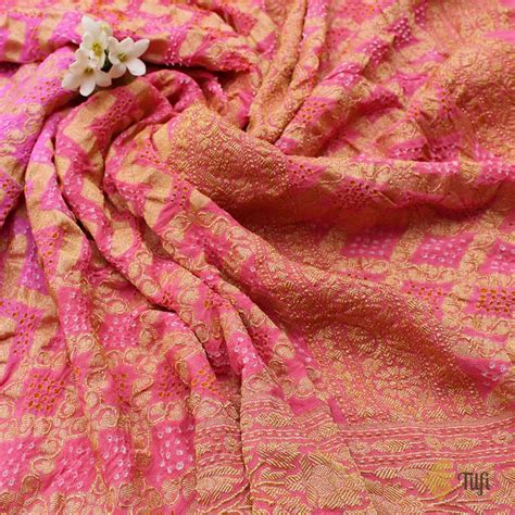 Light Fuchsia Pink - Coral Peach Pure Georgette Banarasi Handloom Band ...
