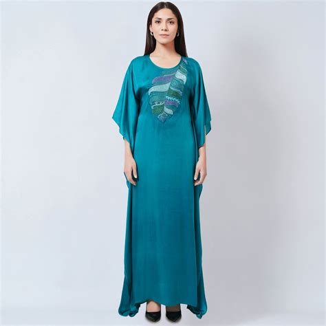 Teal Embroidered Full Length Kaftan – First Resort by Ramola Bachchan