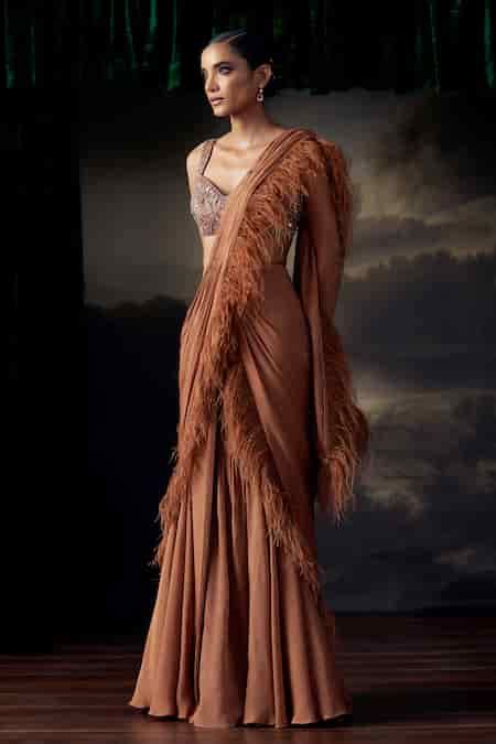 Buy Brown Tulle, Silk, Satin Feathers, Sequins, Crystals, Blouse And ...
