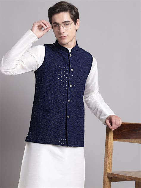 Men's Navy Blue Sequins and Embroidered Nehru Jacket – Jompers