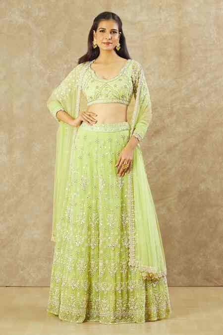 Buy Green Net Hand Embroidered Pearl Deep U Neck Blouse Bridal Lehenga ...