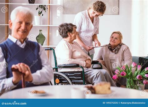 Young Volunteer Talking with Elderly Lady on the Wheelchair in the ...