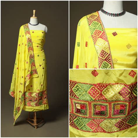 Yellow Phulkari Hand Embroidered Crepe Silk 3pc Unstitched Dress ...