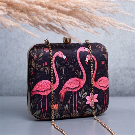 Artklim Black Based Pink Flamingo Printed Clutch