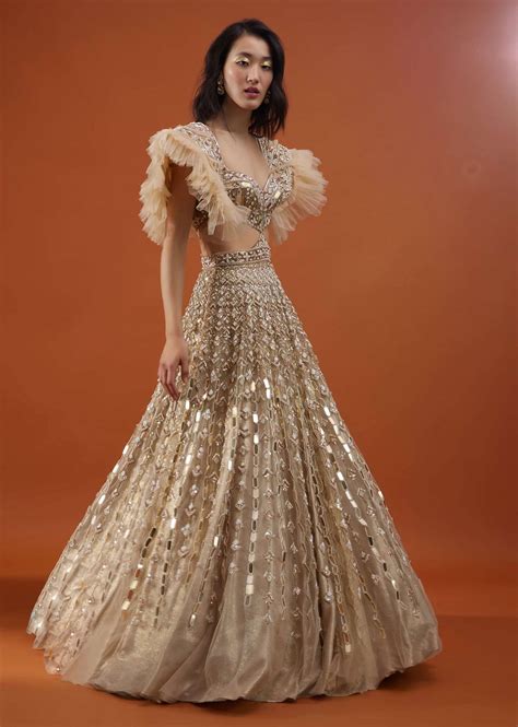Buy Champagne Gold Angelic Gown In Net With Ruffle Sleeves And Mirror ...