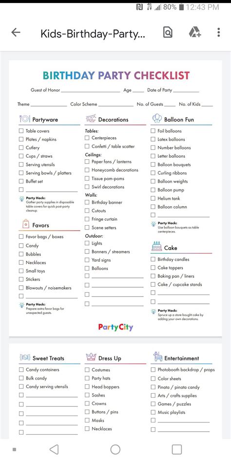 10th Birthday Party Supplies Checklist
