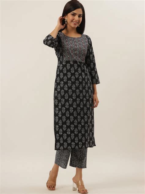Black Ethnic Motifs Cotton Kurta Set freeshipping - Yufta Store