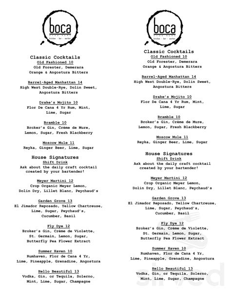 Boca Winter Park menu in Winter Park, Florida, USA