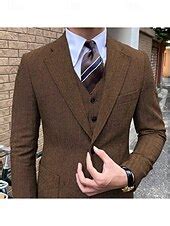 Men's Business Casual Tweed Suits Notch Lapel Coffee Solid Colored ...