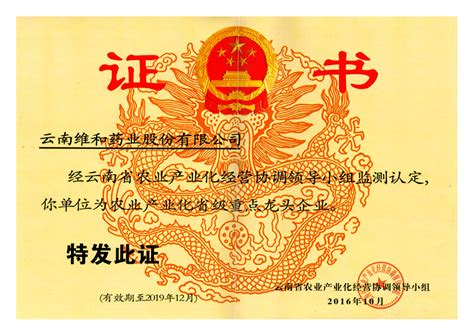 荣誉证书 资质荣誉 云南维和药业股份有限公司