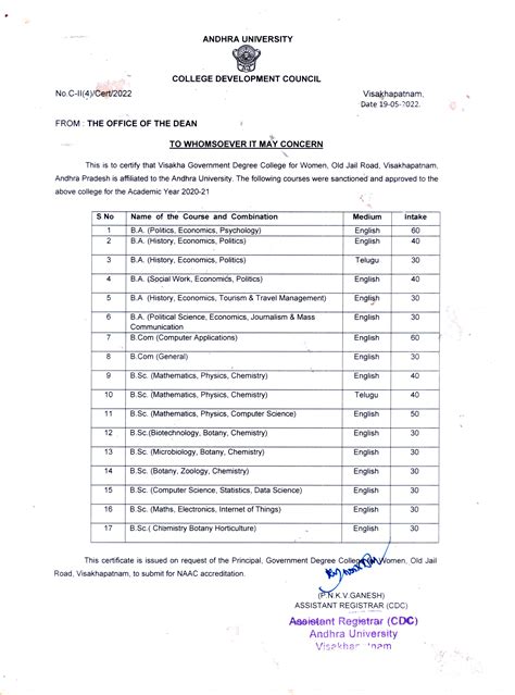 AU Affiliation Certificate | Visakha Govt Degree College