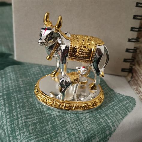 Buy Gold Art India Kamdhenu Cow with Calf Idol Gold Silver Plated with ...