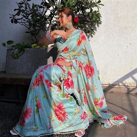 Sky colored Flower Printed Satin Saree - Clothsvilla