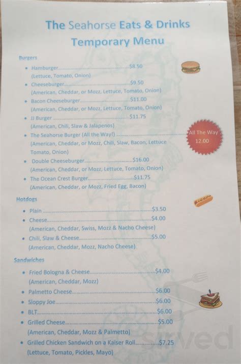 Menu for The Seahorse Eats & Drinks in Oak Island, NC | Sirved