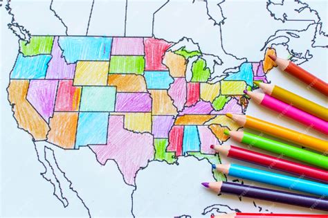 Premium Photo | Drawn map of the usa colored map of america for kids with pencils high quality photo