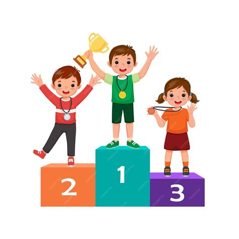Children with medals holding gold cup trophy standing on winners podium ...