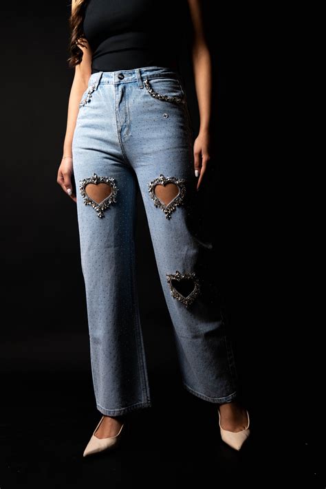 Cupid’s Charm - Rhinestone Embellished Cut Out Jeans - IceBlue – Wear ...