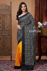 Hand Block Print Yellow and Black Warli Design Pure Mulberry Silk Sare ...