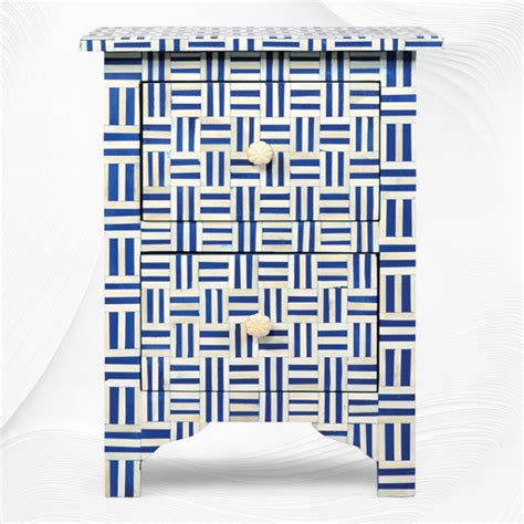 Cross Hatch Bone Inlay Bedside 2 Drawer Dark Blue – Luxury Handicrafts