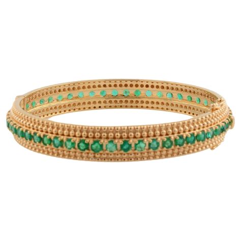 Real Oval Emerald Gemstone Sleek Bangle Bracelet 14 Karat Yellow Gold ...