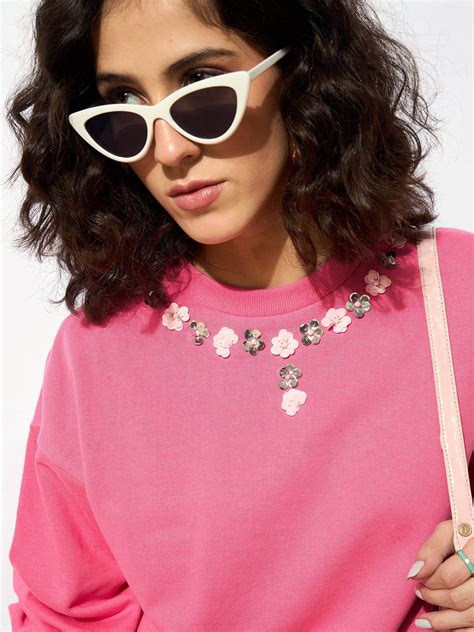 Women Pink Terry Neck Sequin Embellished Oversized Sweatshirt