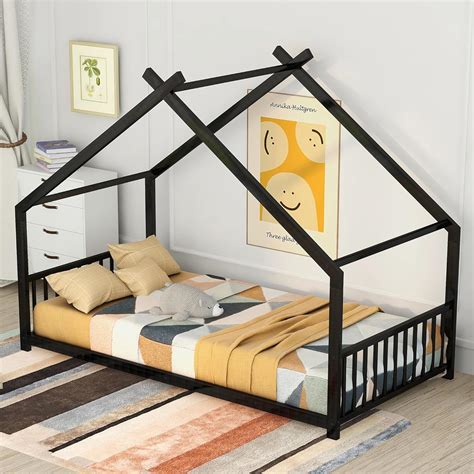 Amazon.com: Metal Montessori Floor Bed, Twin Size House Bed Frame with ...