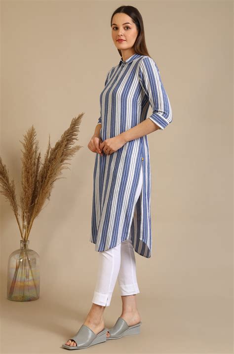 Buy Blue and White Striped Crepe Kurta with Circular Hemline Online for ...