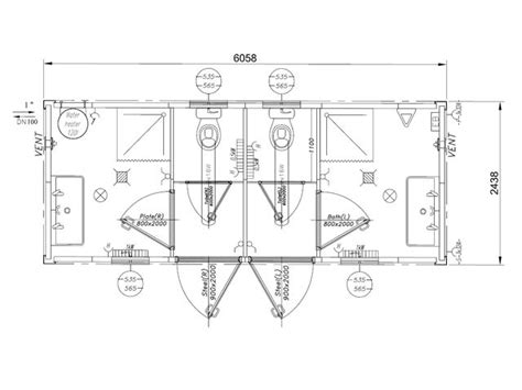 Module sanitaire Hommes/Femmes, 2xWC, 2xDouches, 2x rampes lavabos ...