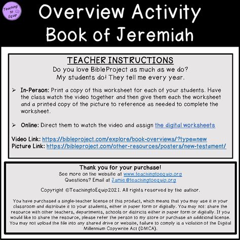 Summary of Book of Jeremiah Bible Overview Activity | Made By Teachers
