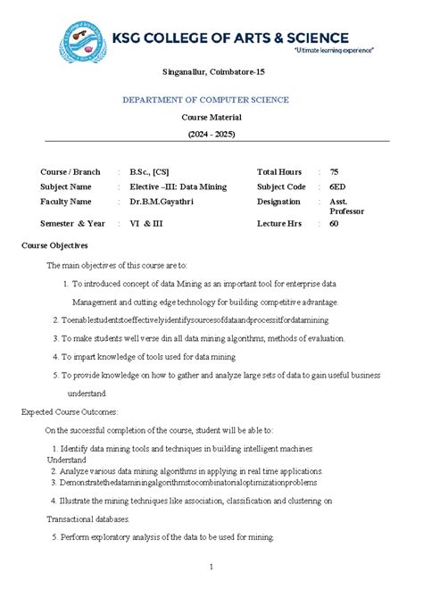 B.Sc. CS 6ED - Data Mining Syllabus & Course Material (2024-2025) - Studocu