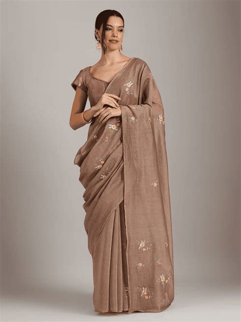 Embroidered Chanderi Saree - Copper Brown – Charkha Tales