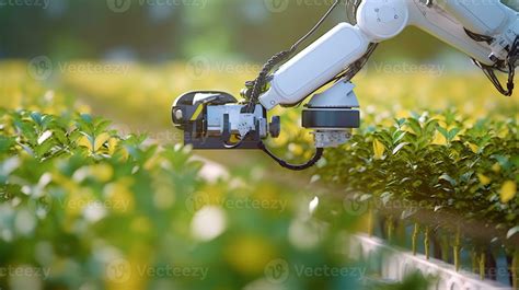 Smart robot farmers working on plantation, picking plants with robotic ...