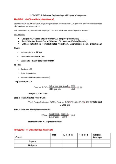 21CSC303J Software Engineering Estimation Problems - Final Exam - Studocu