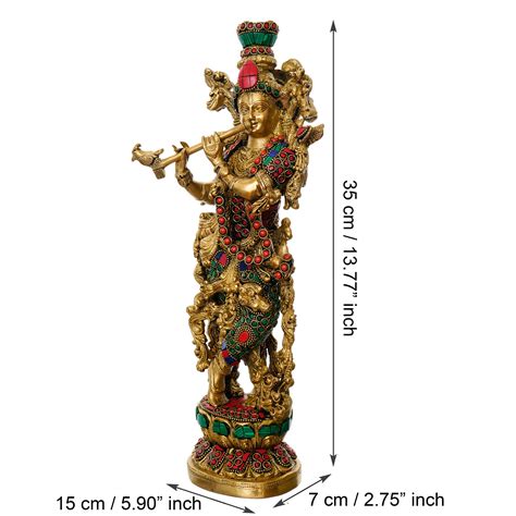 Colorful Lord Krishna Playing Flute Handcrafted Brass Idol with Stone ...