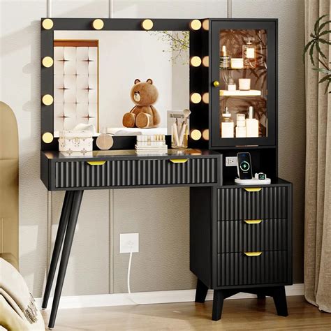 Fluted Vanity Desk With Mirror And Lights | Wooden Bazar